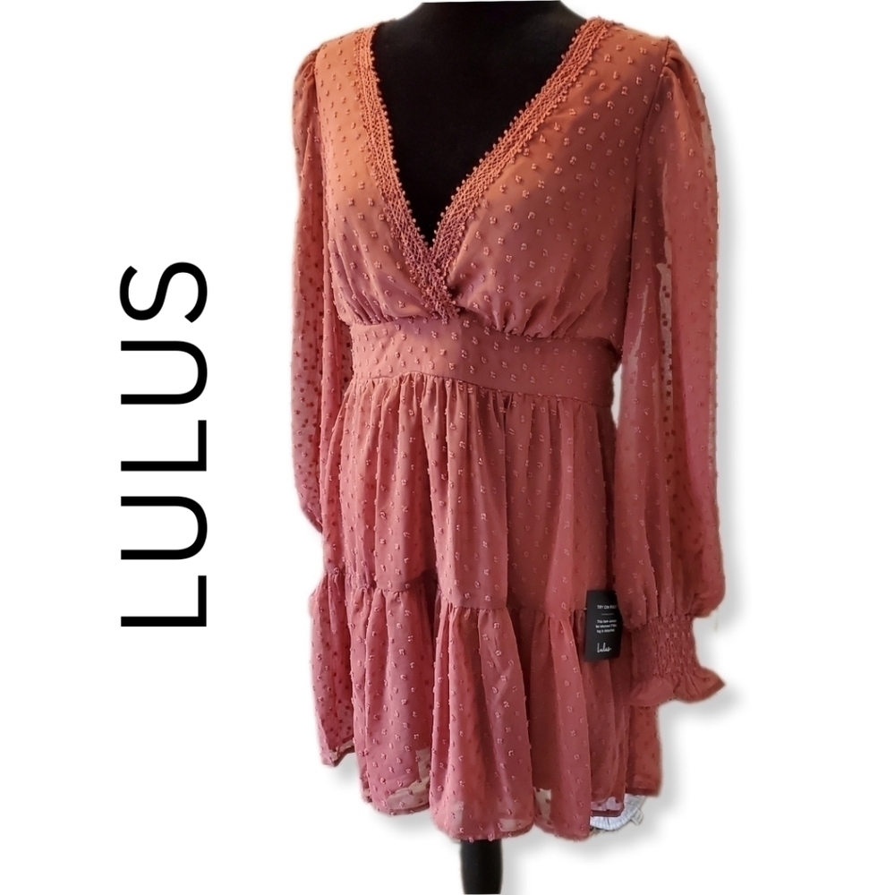 Lulus Dusty Rose Swiss Dot Tiered Long Sleeve Mini Dress Sz L